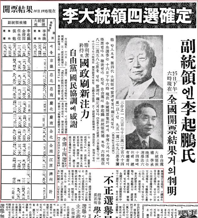 A Dong-a Ilbo article reporting on the March 15 election results with President Lee Syngman and Vice President Lee Ki-Poong as the victors. Published on March 17, 1960. (Image Source: 동아일보)